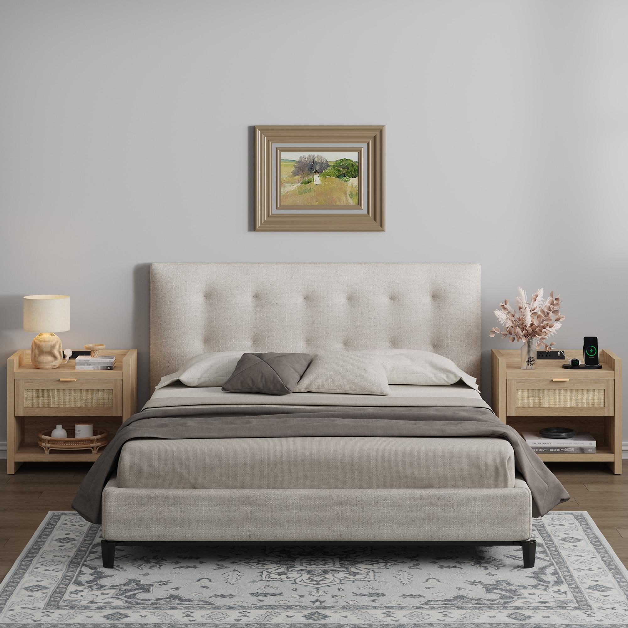 SICOTAS Night Stand Bed Side Table Set of 2- Rattan Nightstand with Type-C Charging Station, Drawer Storage End Table - 15.4" x 23.6" x 22.1" Size Boho Bedside Stand Night Stands for Bedroom Living Room Sofa Couch Office, Durable