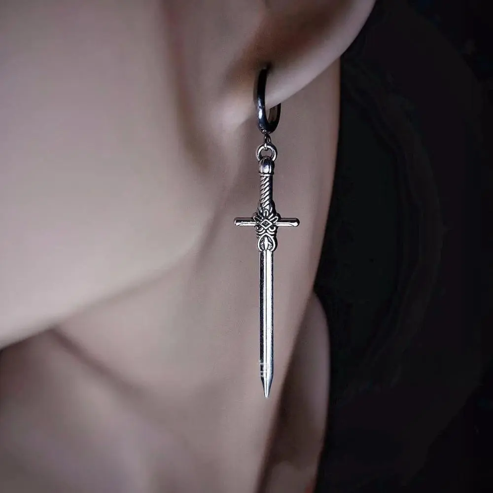 Personality Design Punk Goth Style Sword Drop Dangle Earrings for Men New Trend Hip Hop Rock Party Jewelry Y2K Accessories