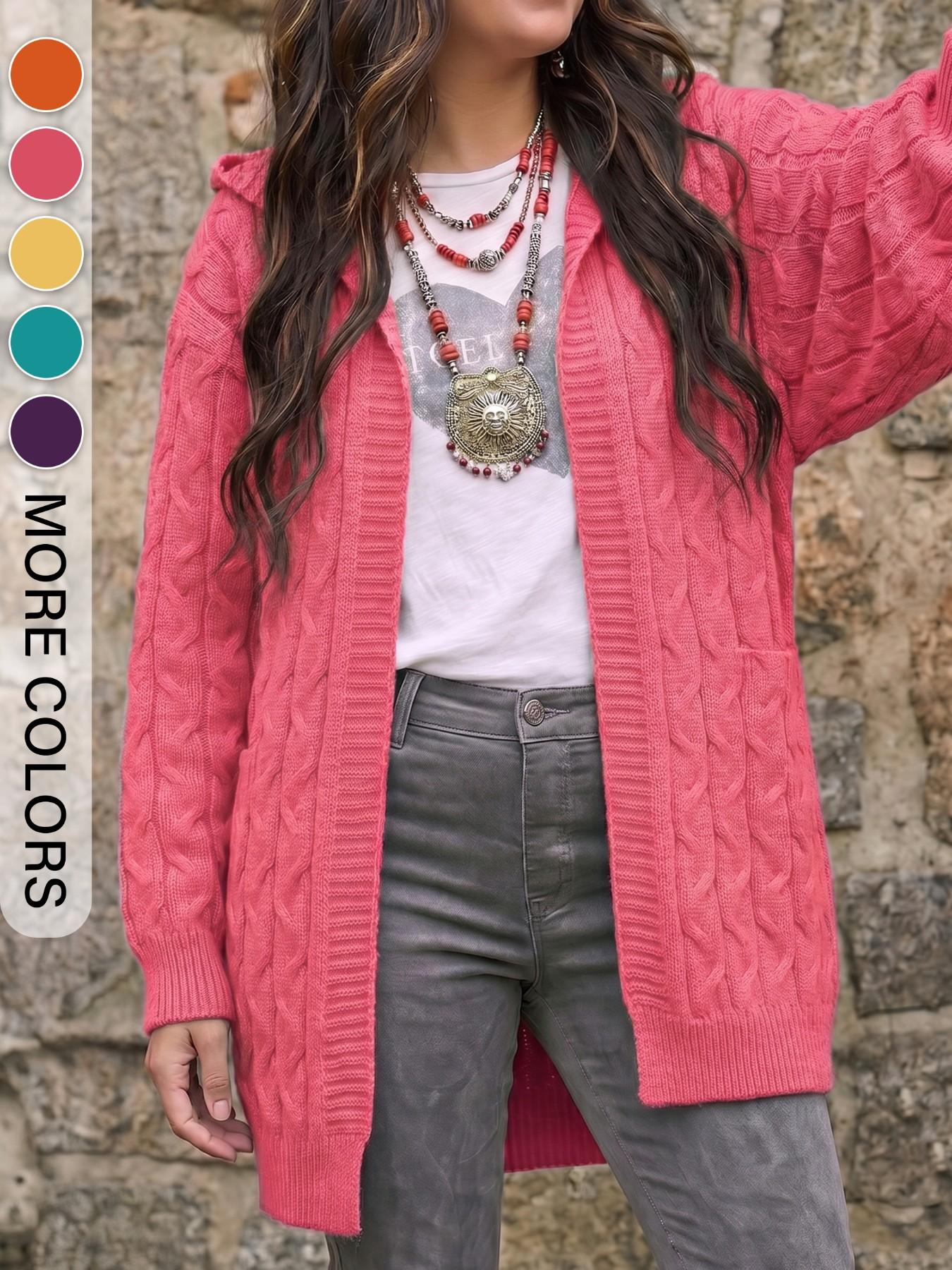 Women's Plus Size Pocket Knit Sweater, Comfortable Long Sleeve Cardigan, Casual Loose-Fitting Fall & Winter Top, Plain Design, Knitwear