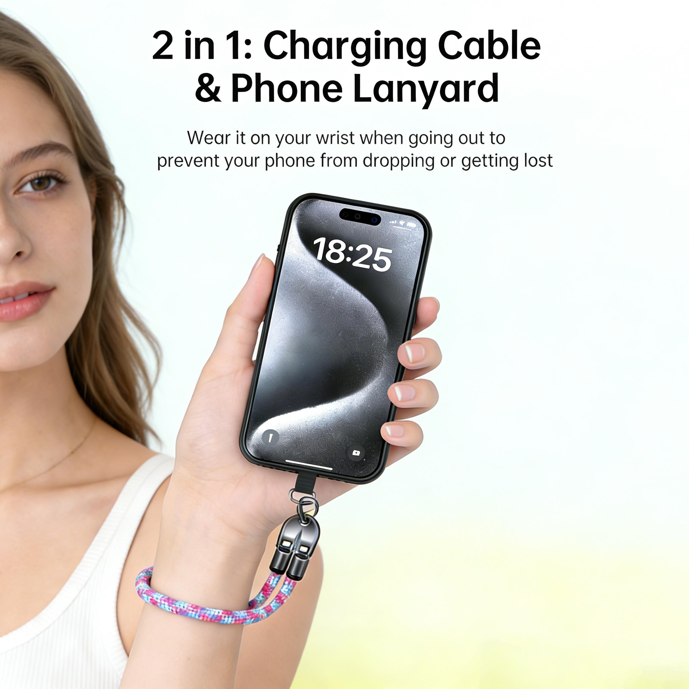 240W Fast Charging Cable 2-in-1 Lanyard Data Cable Braided Anti-Lost Strap for iPhone 15 16, Portable USB C Cord for Travel Commute Outdoor, High-Speed Data Sync Wearable Nylon Braided Charger