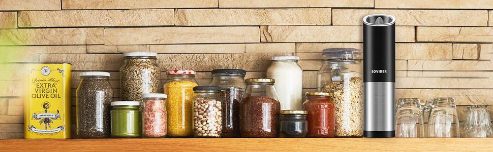 Electric Grinder, 2 Salt and Pepper Grinders with Base, Adjustable Thickness, Stainless Steel, Suitable for Spices, Kitchen Utensils, Holiday Gifts