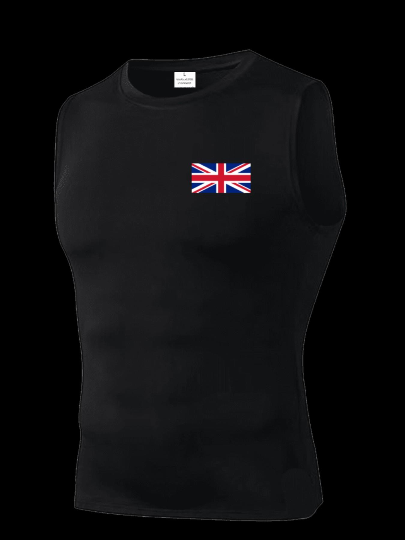 Men's Short Sleeve Sporty Top, Quick-Dry Breathable Slim Fit, Uk Pattern Print, Ideal for Gym, Running, Boxing, Outdoor Activities