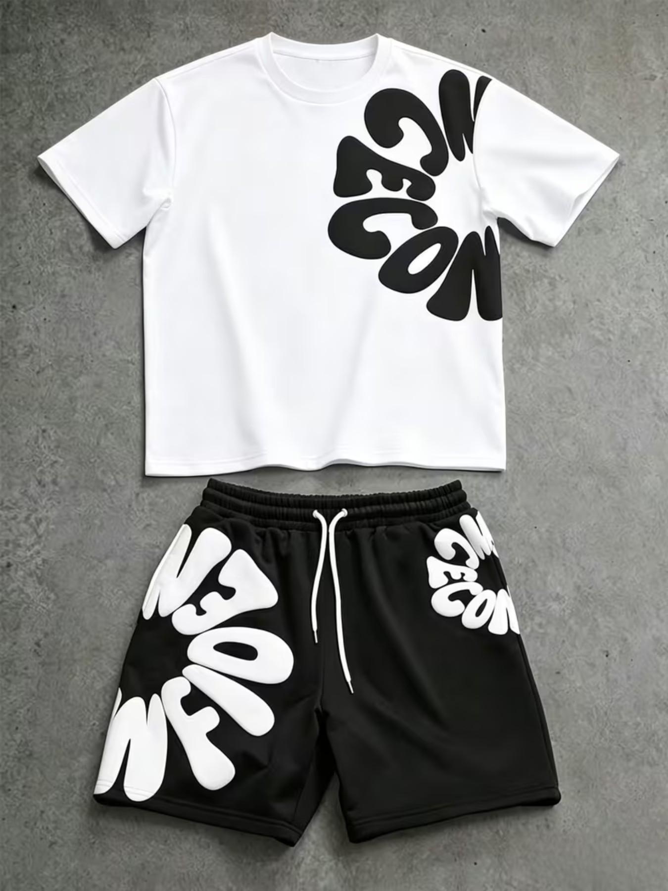 Men's Simple Letter Print Set, Round Neck Short Sleeve T-Shirt and Shorts, Casual Fitted Two-Piece Set Outfit, Suitable for All Seasons