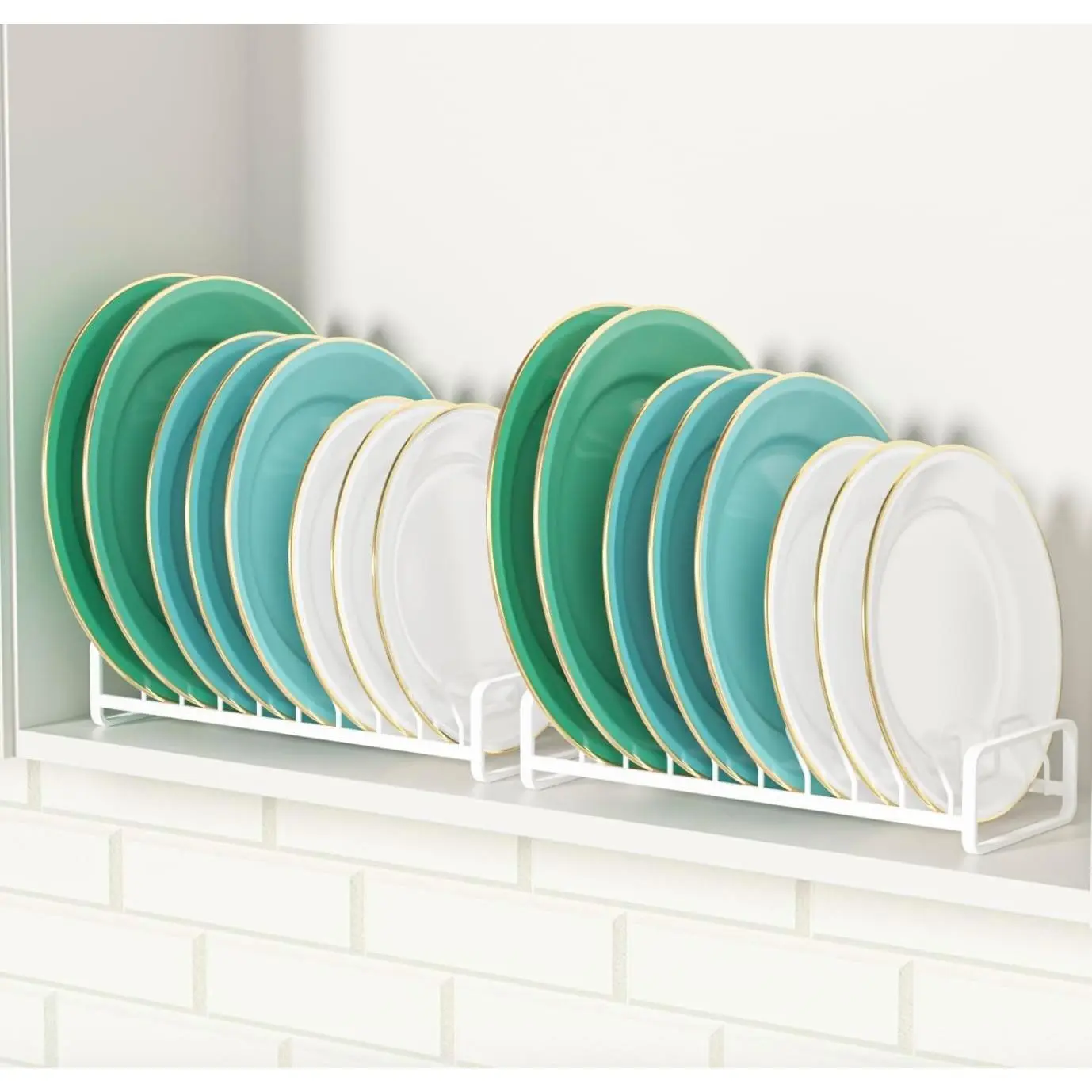 Plate Organizer for Cabinet (2-Pack),Kitchen Dish Rack Organizer for Cabinet Countertop Drawer Space Saver，8 Slots Vertical Plate Holder Storage Rack, Housewarming Kitchen Gifts for Women (White)
