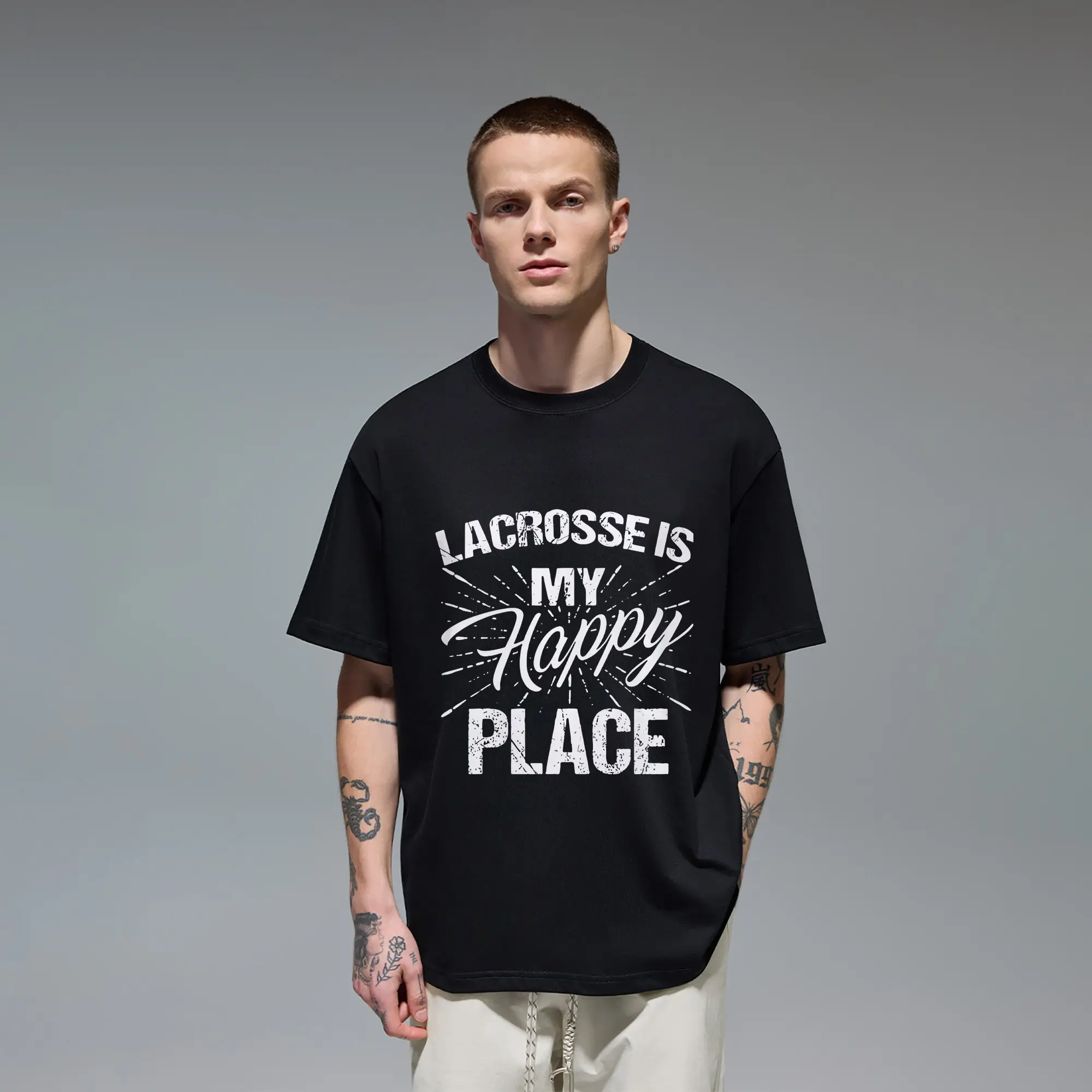 Distressed sport‑passion Men's T‑Shirt built from Quality Cotton, boasting vintage worn‑effect typography "Lacrosse Is My Happy Place" graphic print. Skin‑friendly breathable fabric, roomy crew‑neck fit for lacrosse players, team supporters, match days an