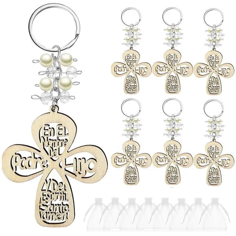 6/12Pcs Baptism Favor Keychain Cross Wooden Key Ring Christening Wood Design Key Ring With Bag For First Communion