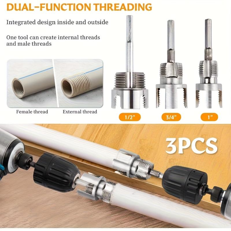 3-Piece Heavy-Duty Alloy Pipe Threading Tool Set - 1/2", 3/4", 1" Internal/External Threads; Electric Drill Compatible PVC/Plastic Pipe Threader, Ideal for DIY & Professional Plumbing Installations (Compatible with PVC, PPR, and MPP Pipes)