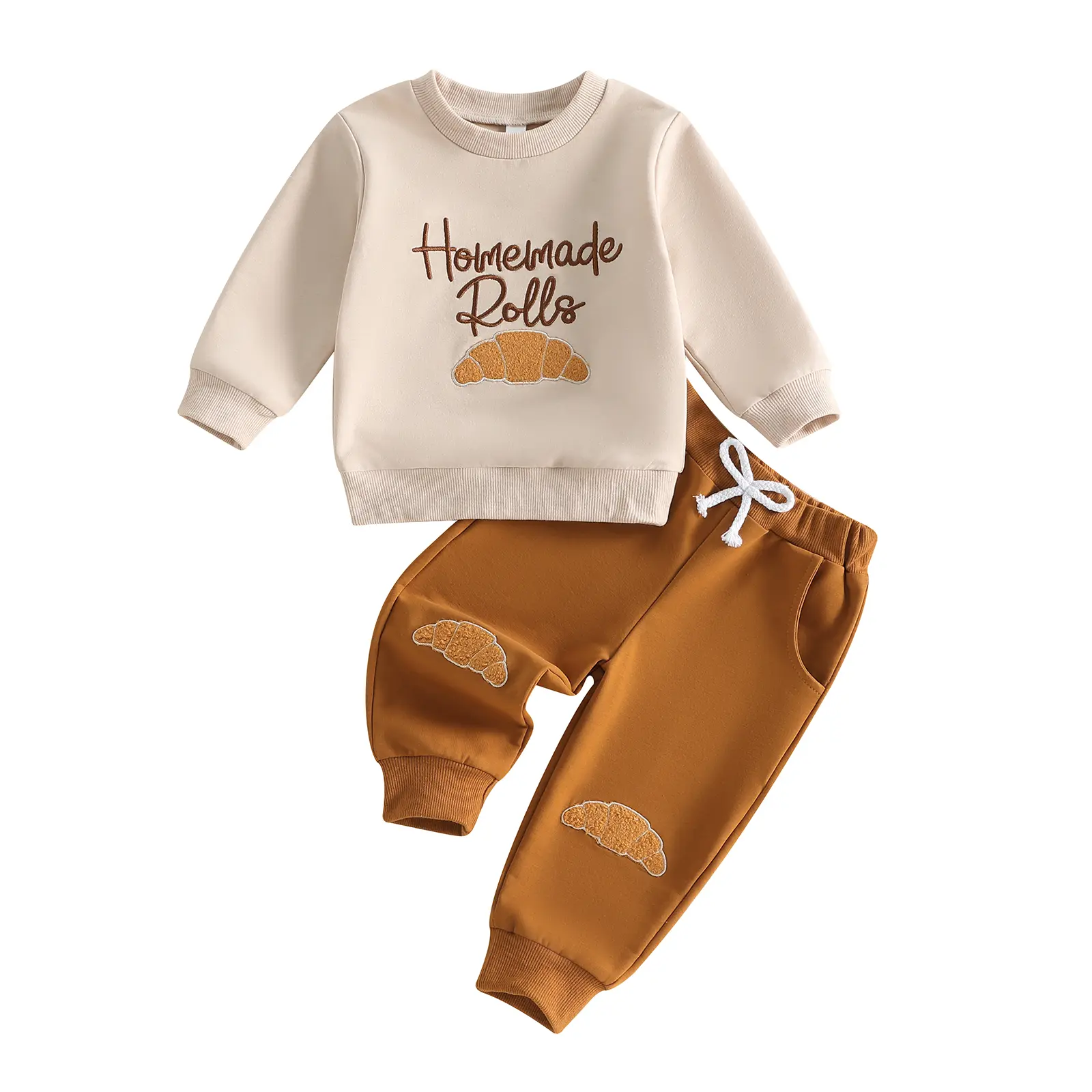 Meihuida Toddler Baby Little Boys Thanksgiving Outfits Homemade Rolls Croissant Embroidery Long Sleeve Tops and Pants Fall Winter Set 6M-4T