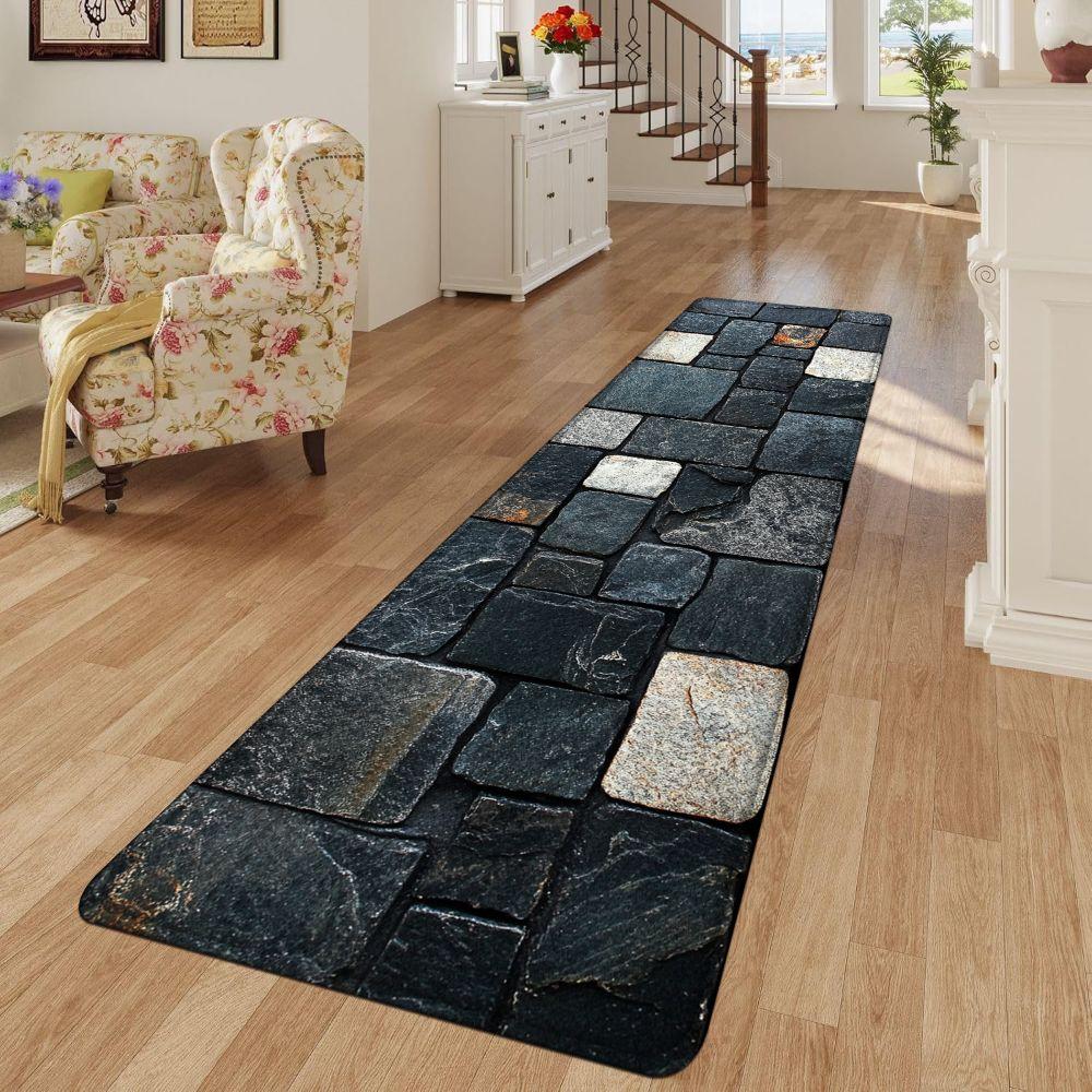 1PC， Black and White Stone Strip Splicing Patterned strip rugs, home décor, bathroom mats, entryway mats, bathroom non-slip mats, indoor entrance rugs, bedroom bedside mats, kitchen mats, hallway rugs, flannel sponge rugs, hallway runner rugs