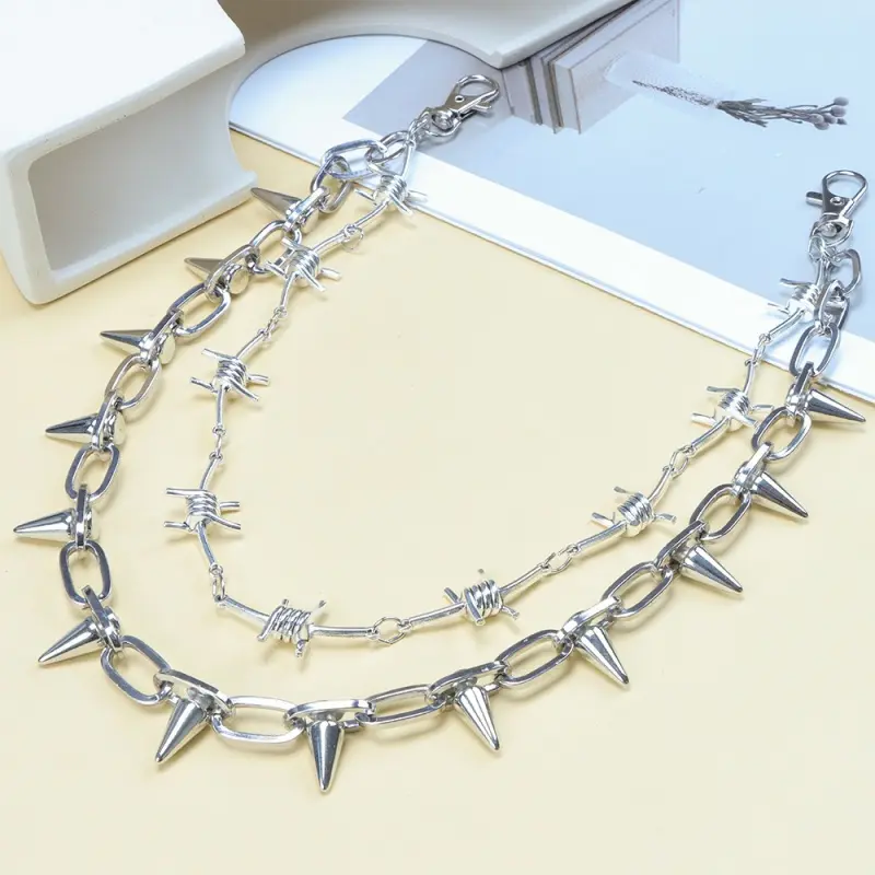 1 Double-Layer Thorn Spike Pants Chain&Shoes Chain, Punk Hip-Hop Style Hardcore Metal Waist Chain, Pointed Cone Rivet Gothic Style, Fashionable and Trendy, Unisex Hip-Hop Style Decorative Chain for Jeans and Casual Pants