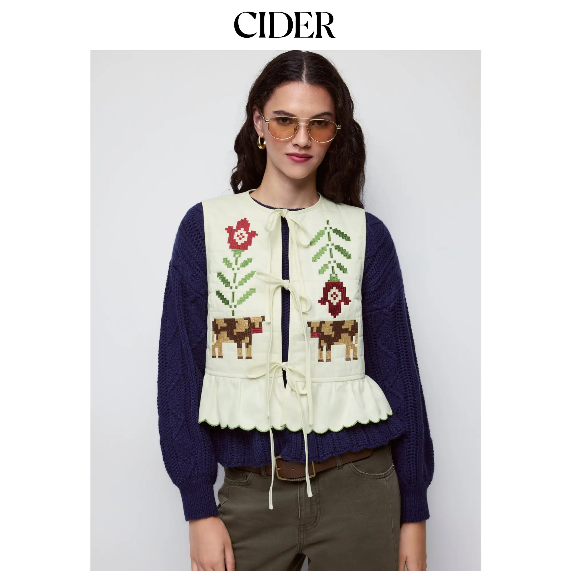 Cider Cotton-blend Cow & Floral Graphic Applique Tie Front Bow Scalloped Hem Vest