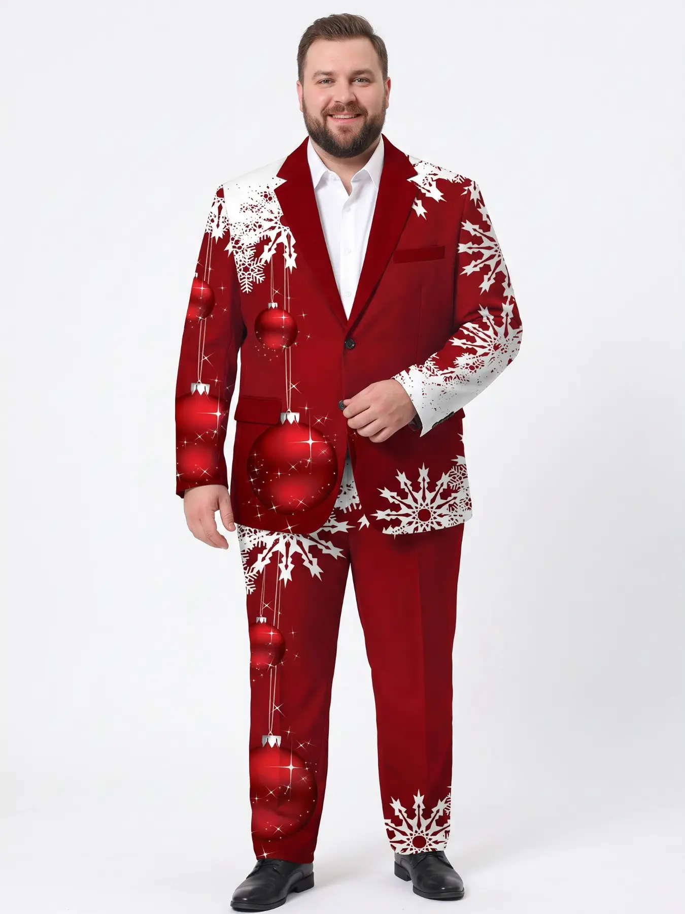Plus-Size Men's Red Christmas Snowflake and Colorblock Ball Suit Christmas Holiday Party Printed Blazer