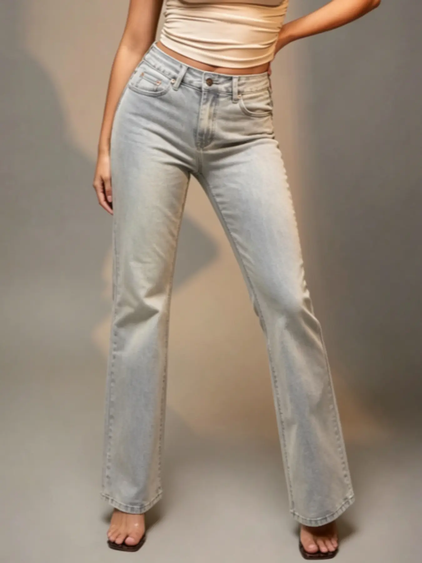 Women's High-Waisted Washed Straight Leg Jeans, Vintage Elastic Denim Long Pants, Slim Fit Millennial Streetwear Casual Bottoms