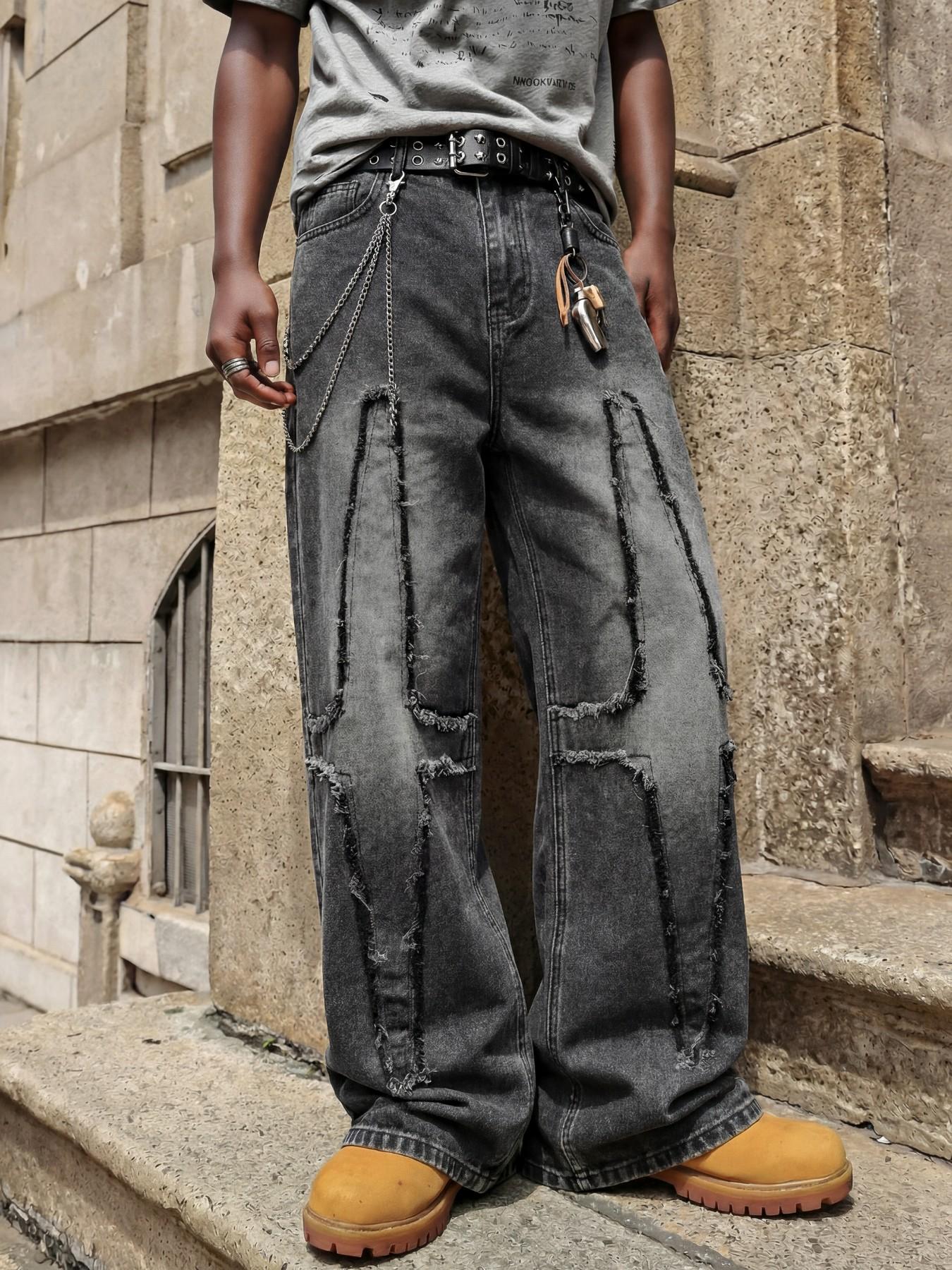 Black and gray loose straight-leg wide-leg jeans, decorated with cross-shaped frayed patches, paired with an overall faded and vintage finish, trendy street-style washed and vintage Y2K denim pants