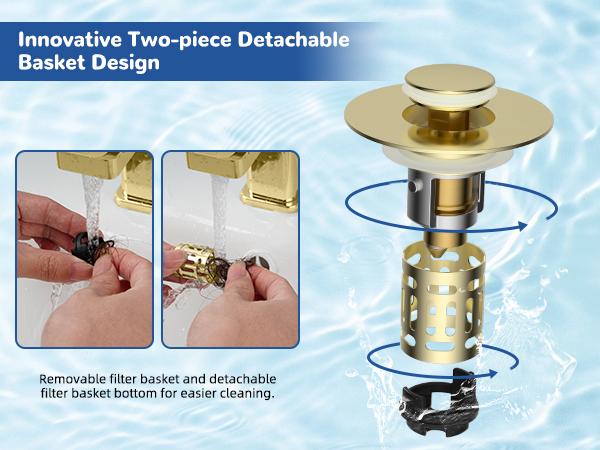 Hibbent Upgraded 3 in 1 Bathroom Sink Drain Strainer, Universal Pop Up Stopper with Removable Stainless Steel Filter Basket Hair Catcher, Sink Plug for 1.1''~2.36'' Basin, Brass Core, Brushed Gold