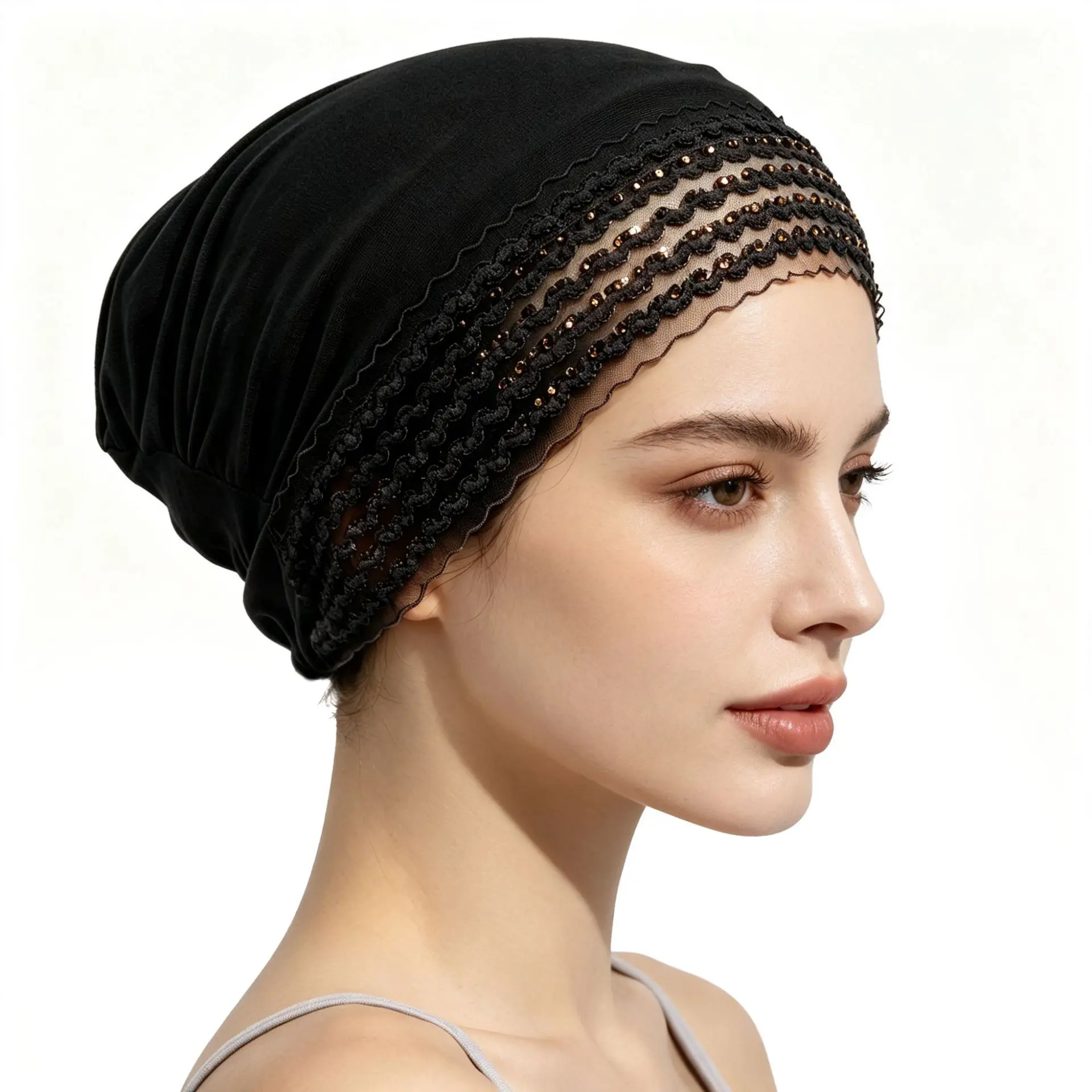 Sparkly Rhinestone Wave Lace Bonnet - One Size, Soft Breathable Cap, Stretch Turban Beanie, High Crown Fit, Bad Hair Day Savior, Daily Fashion Sports Headband