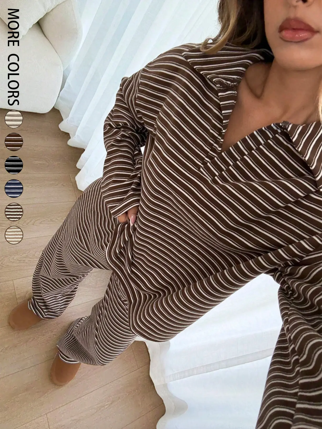 Women's 2pcs Set Loose Striped V-Neck Drop Shoulder Long Sleeve T-Shirt &Elastic Waist Striped Pants, Brown, Casual Sets For Women, Pajamas Set, Loungewear, Casual Sets For Women Brown Two Piece Set Women