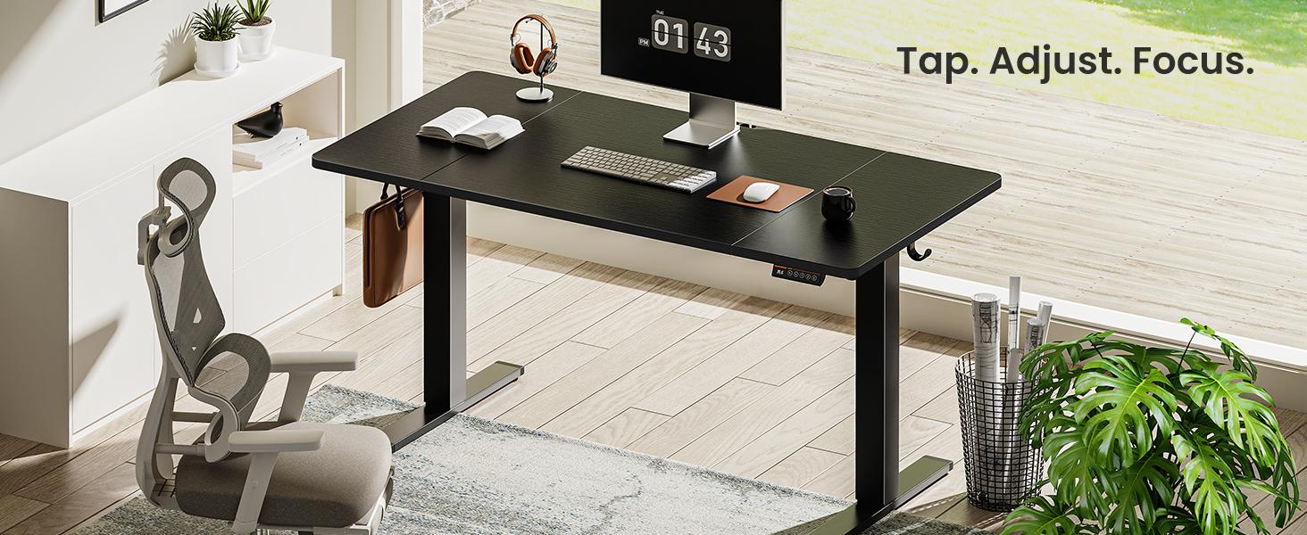 Huuger 48/55 Inch Electric Standing Desk, Stand up Desk, 27.6" Deep Desktop, 28.3" to 46.5" Height Adjustable Desk, Computer Desk with 2 Hooks, 3 Preset Heights, Office Desk