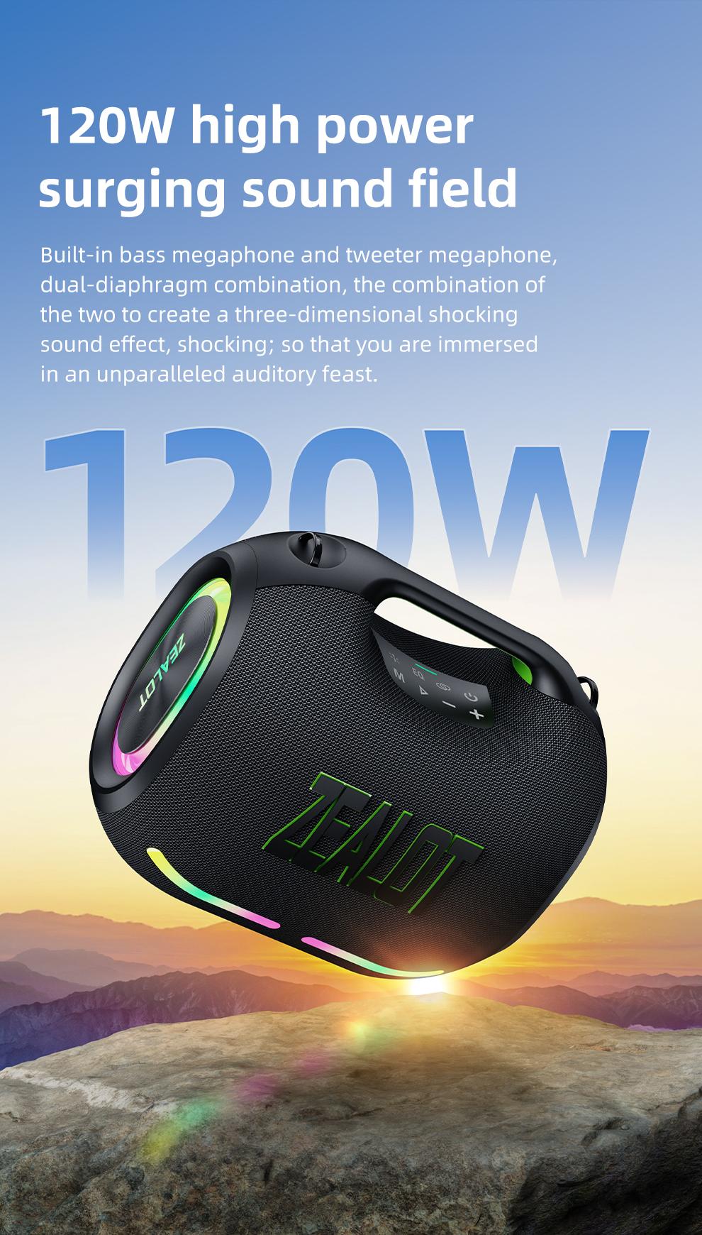 120W【ZEALOT】24000mAh/LIMITED/OFFERS Portable Speaker Bluetooth Speaker Party Speaker Waterproof IPX6 RGB Lights Power Bank TWS supports TWS pairing/USB/TF/AUX/BT smartphones. Ideal choice for family/car/Pool Party/BBQ/camping/gift giving tiktokshopspringg