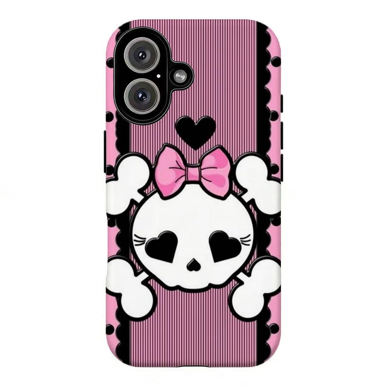 FL-Y2K Emo Kawaii Skull Bow Phone Case,Cute Crossbone Polka Dot Striped Protective Cover, Pink Blue Black Star Stripe Shockproof Cover For iPhone 11 12 13 14 15 16 17 Air Pro Max for Samsung S26 S25 S24 S23 S22 S21 Case,Gift for her/him