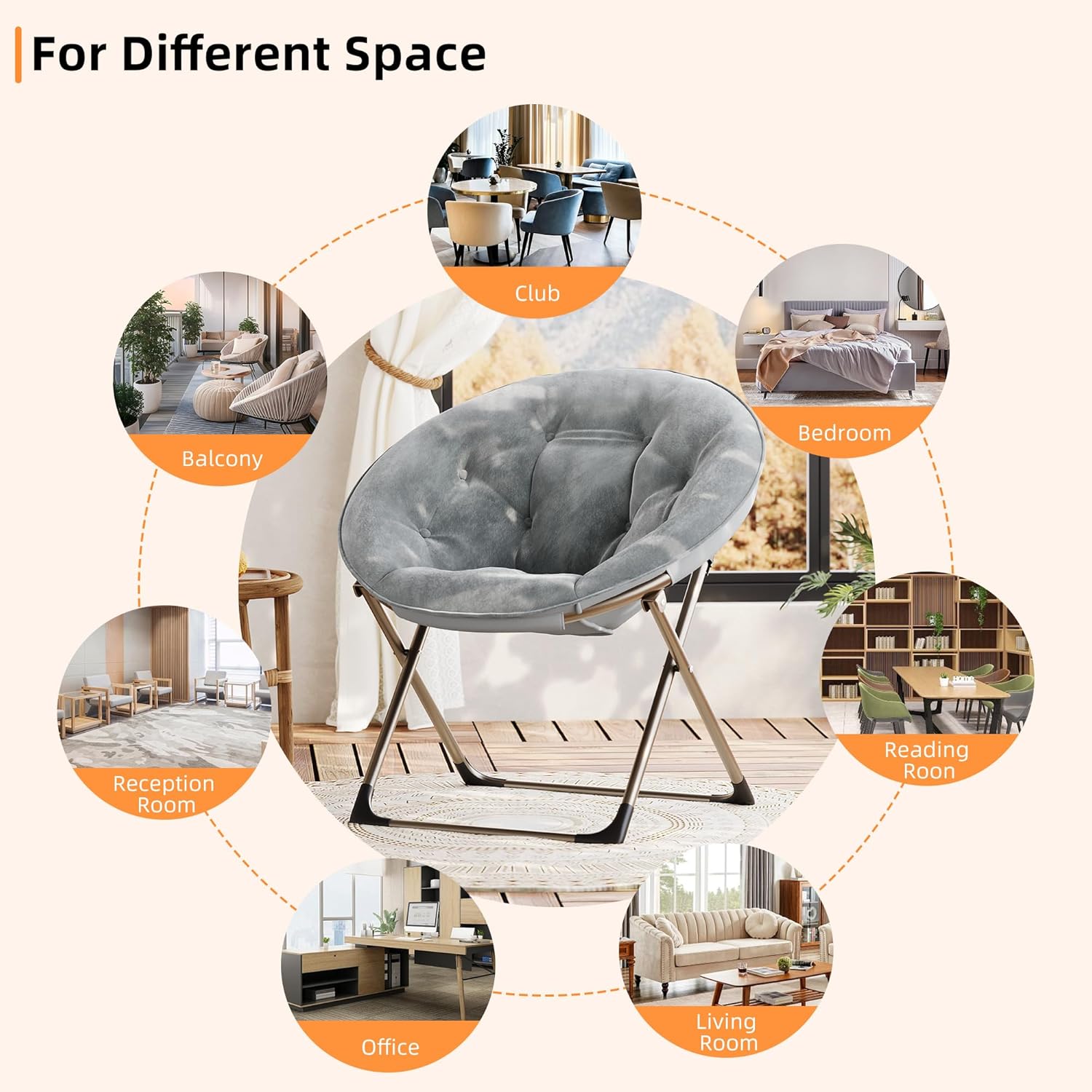 Comfy Oversized Saucer Chair, Soft Faux Fur Folding Moon Chair, Thick Padded Reading Lounge Chair with Stable Metal Frame for Living Room, Dorm, Office
