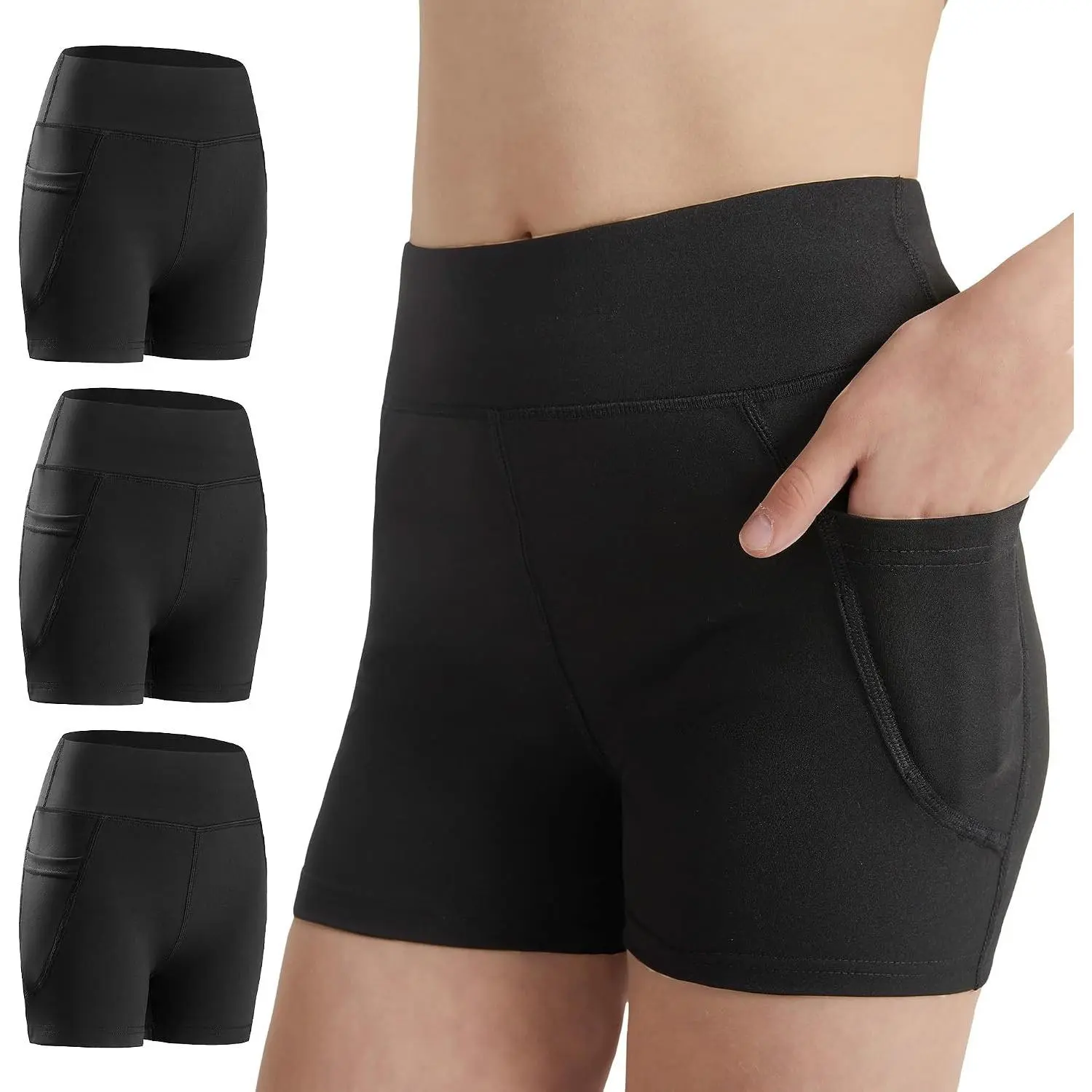 Girls Shorts with Pockets 3 Pack Biker Volleyball Dance Cheer Short | Soft High Waisted Kids Teens Compression Shorts with Spandex Liner for Gymnastics Running Yoga Workout Athletic Sports 4-16Y
