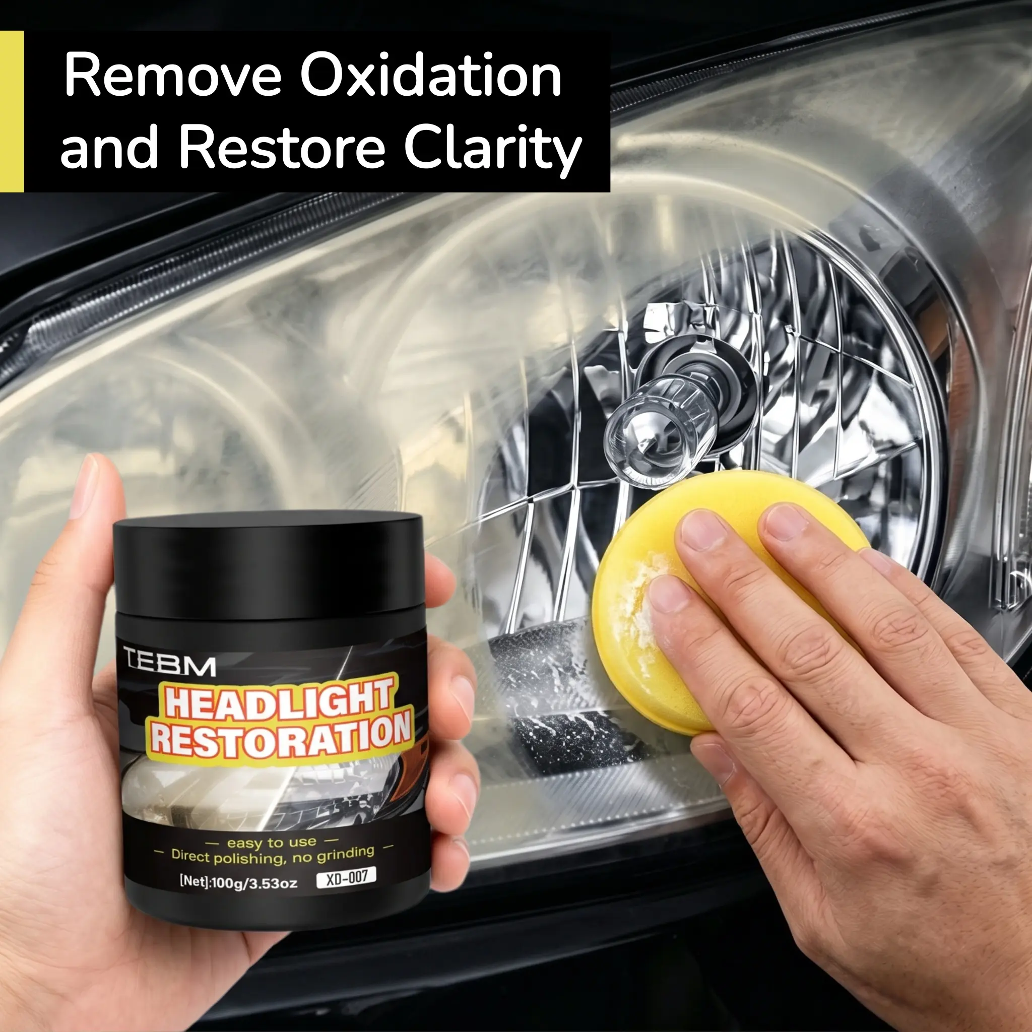 Automotive Headlight Restoration Polish, Headlamp Lens Cleaner & Restorer, Eliminate Yellow Haze Oxidation, Restore Light Transparency, UV Shield Protection, Universal DIY Car Detailing Tool Kit repair