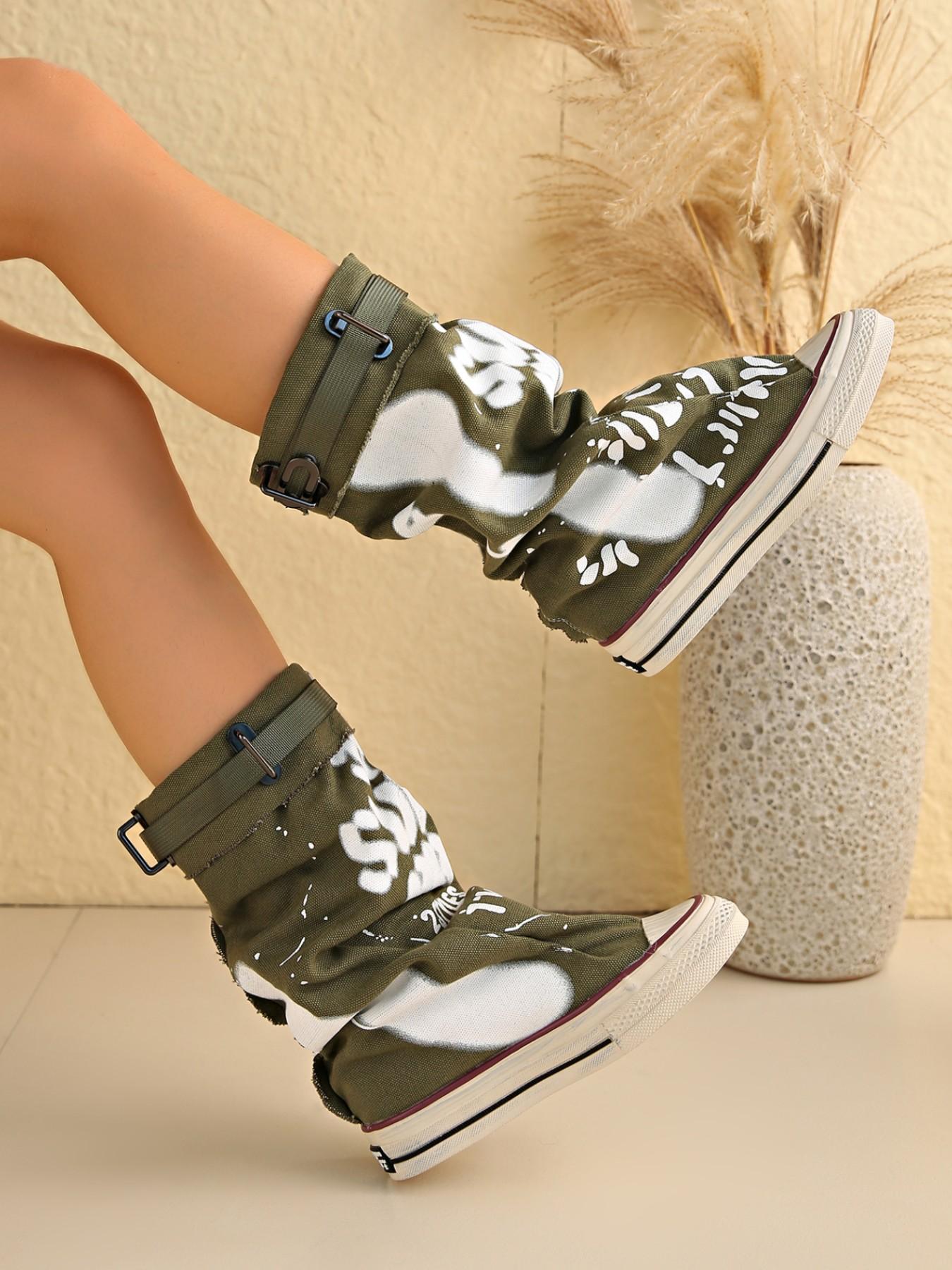 New Women's Graffiti Print Canvas Mid-Calf Boots, Modern Boot, Buckle Strap, Foldable Stackable, Fashionable Above Ankle but Below Knee Boots