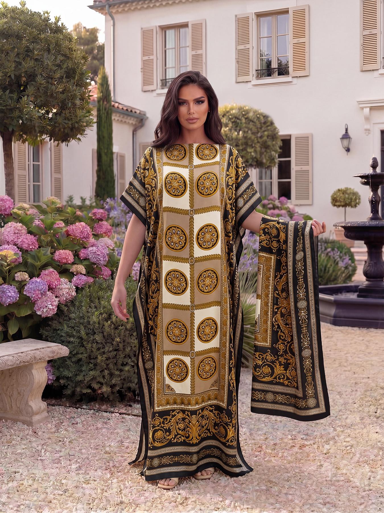 Women's Boho Style Long Robe Set, Fitted All-Over Print Shawl Dress, Sun Protection Silk Scarf, Beachwear for All Seasons