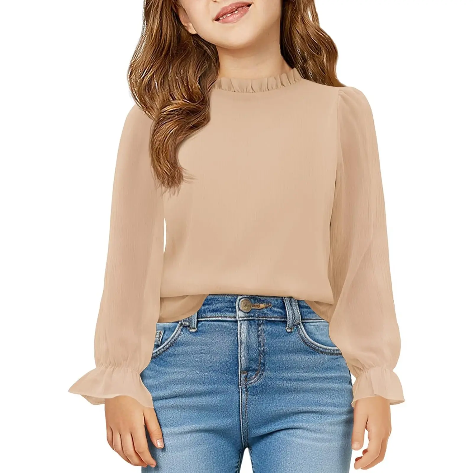 Haloumoning Girls Long Sleeve Shirts Chiffon Blouses 5-14 Years | Cute Puff Sleeve, Ruffle Mock Neck, Crewneck, Casual Tops, Solid Color, Loose Fit, Layered Lining
