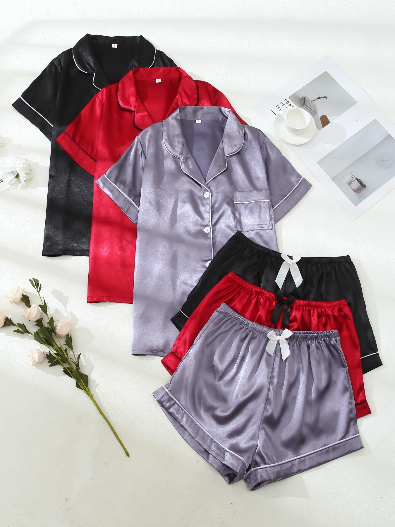 Six-Piece Set Women's Christmas Theme Contrast Binding Short Sleeve Satin Loungewear Set for Christmas Gifts, Summer Outfits 2024, Basic Button Front Shirt & Bow Decor PJ Shorts, Lounge Co-ord Set, Womenswear