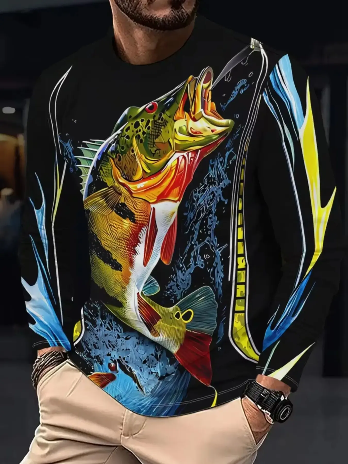 3D Men's Ocean Pattern Printed Long Sleeve Shirt, All-Over Fish Print Dark Blue Style, Outdoor Fishing Clothing, Fishing Gear, Outdoor Fishing Wear
