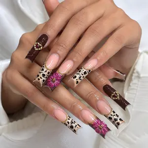 24 Long Square Press-On Nails, Nude Base with Leopard & Chocolate Tips, Glossy Finish, Reusable, Includes Jelly Glue & File