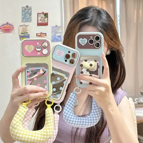 Multi-Model Sleek Minimalist Wallet Phone Case with Mirror + Strap, Card Holder Slot, Polka Dot/Solid Color for iPhone 17-16-15 Pro Max Plus, Ideal for Daily Commute & Shopping Trip