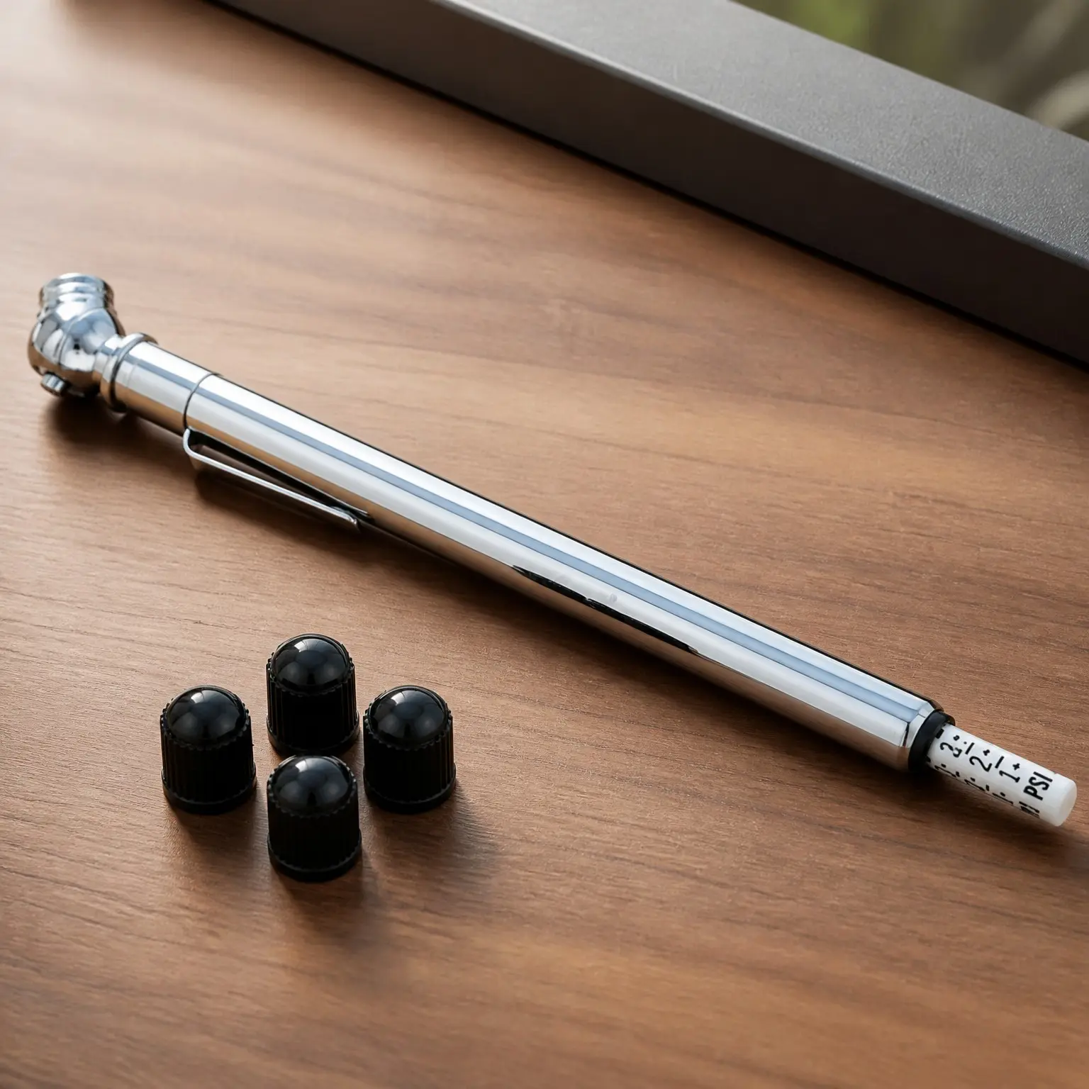 Pencil Tire Pressure Gauge 2-20 PSI Heavy Duty Stainless Steel Low Pressure Gauge Single Head Air Chuck with Built-in Deflator, 4 Replacement Tire Valve Caps