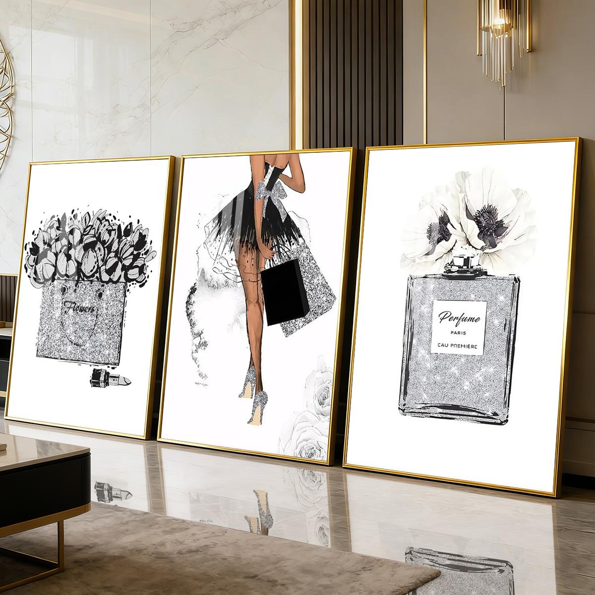3 Counts Aluminum Alloy Framed Painting, Fashion Girl Perfume And Flower Art Prints, Home Decoration For Living Room, Bedroom, Office, Restaurant, Hallway Wall Decor, Odorless Print Artwork, Luxury Perfect Gift For Friends And Family
