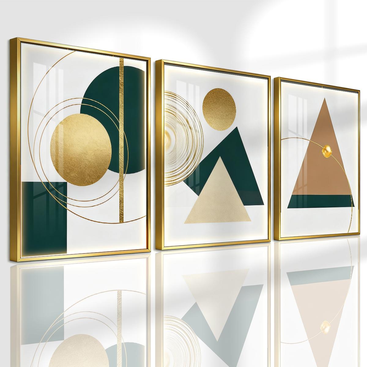 3 Counts Aluminum Alloy Framed Painting, Geometric Gold And Green Abstract Shapes Pictures, Home Decoration For Living Room, Bedroom, Office, Restaurant, Hallway Wall Decor, Odorless Print Artwork, Luxury Perfect Gift For Friends And Family