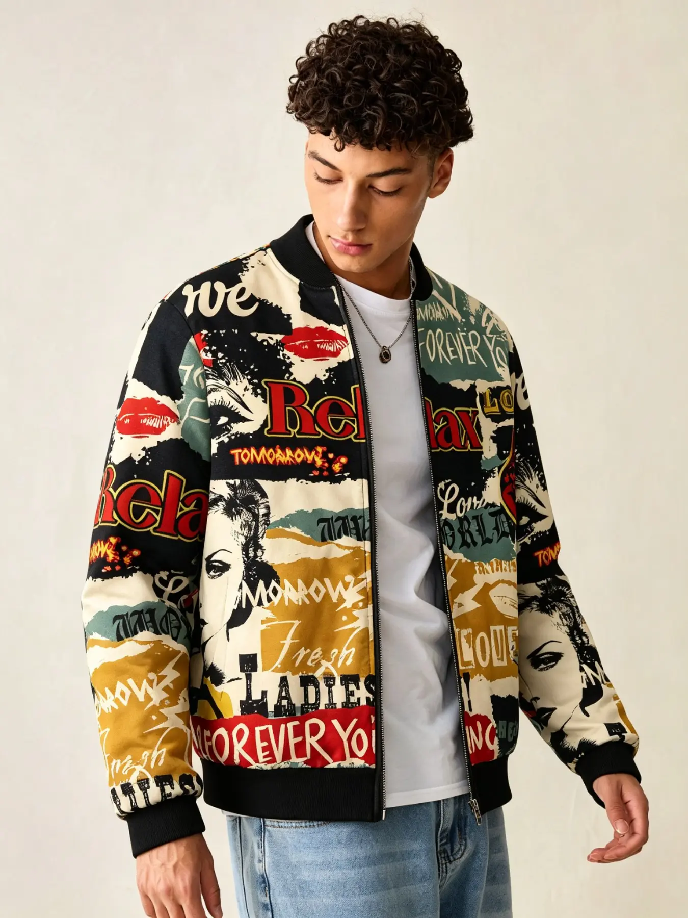 Vintage Graffiti Print Bomber Jacket, Zip Up Long Sleeve Baseball Outerwear, Retro Pattern Stand Collar Casual Fashionable Jacket Streetwear For Men Daily Outfit.