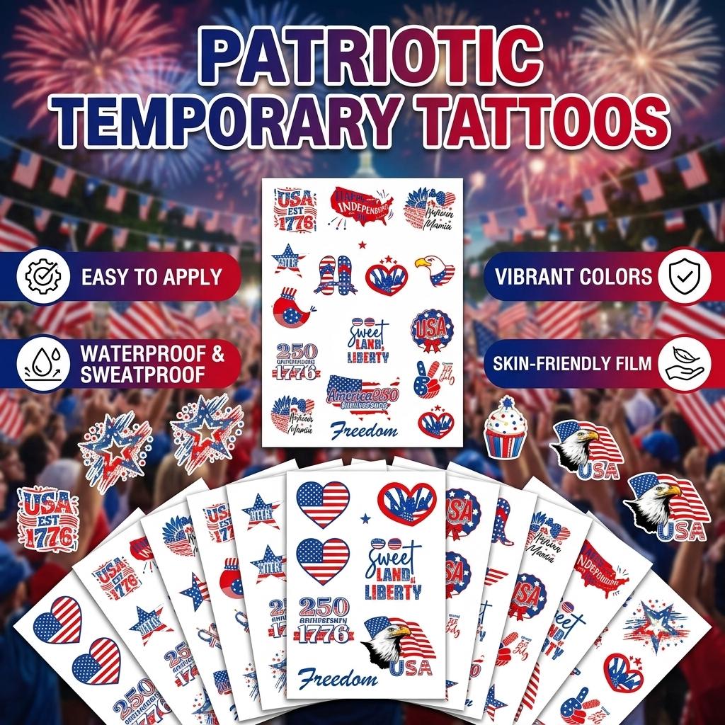 American Flag Temporary Tattoo Stickers, Waterproof Us Patriotic Tattoos, Independence Day, American National Symbol, Temporary Tattoos