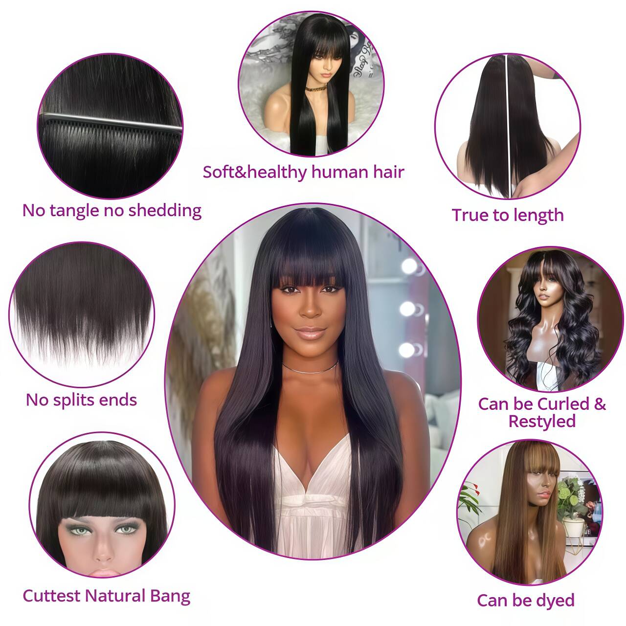 STERLY Glueless Human Hair Wig with Bangs 180% Density 2x4 lace Closure Wigs Middle Part Lace Wig Loose Body Wave Machine Made Wigs for Women Yaki Straight Front Wig Brazilian Hair Wigs HD Transparent Lace Wigs