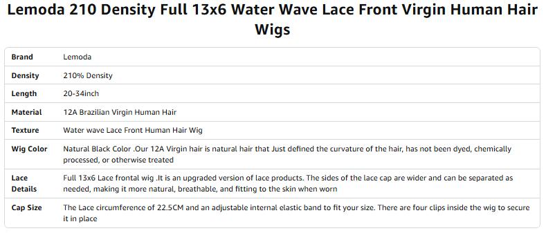 Lemoda 210% Density 13x6 Full Lace Frontal Virgin Human Hair Wigs 15A Water Wave 13x6 HD Lace Front Wigs Deep Wave Human Hair Wig Wet and Wavy Wig Pre Plucked With Natural Hairline