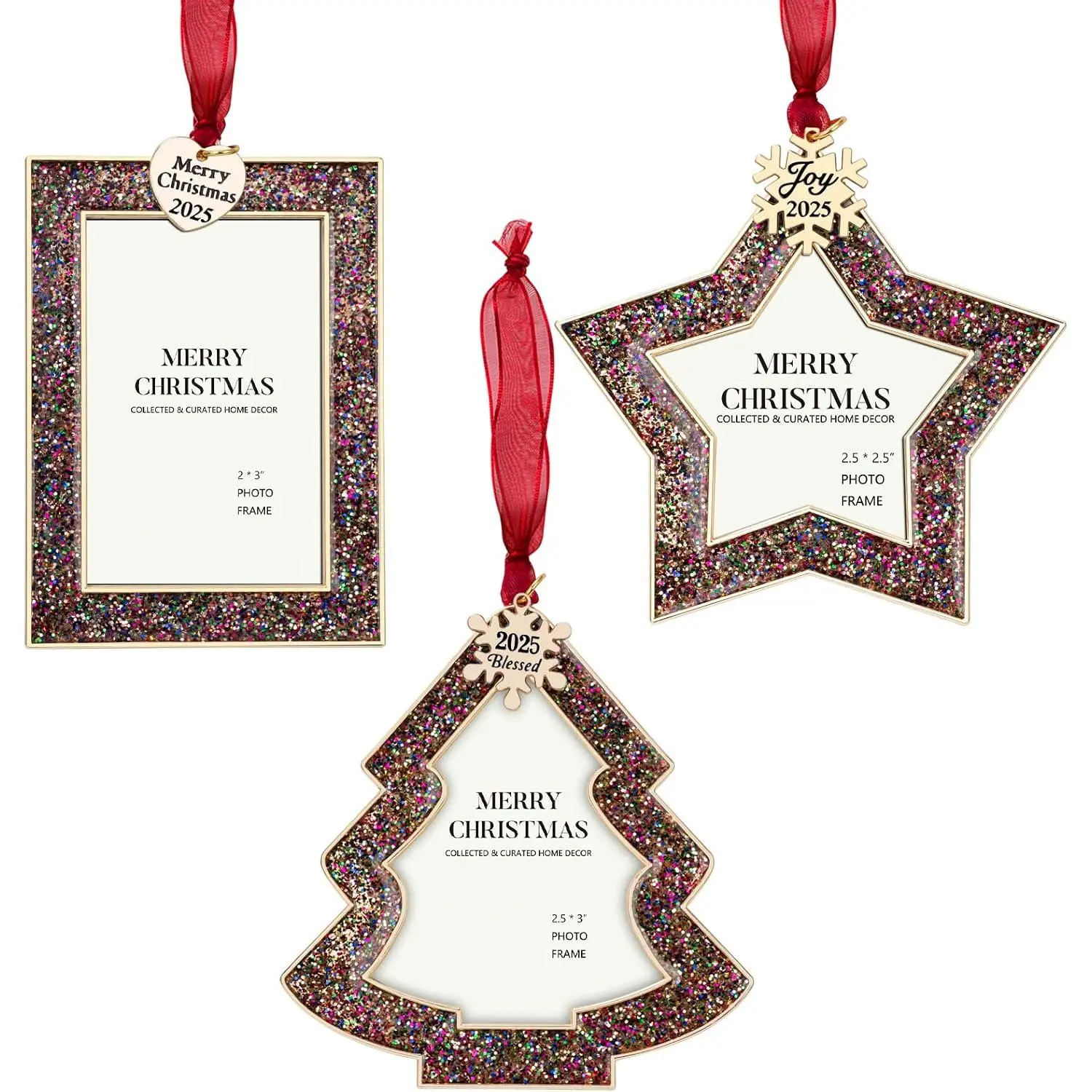 Christmas Tree Ornaments Set 3 count Picture Frame Ornament- Made of Zinc Alloy Glitter  Pendant 2.5" Picture Frame for  and  Holiday  (3 Pieces,2025)