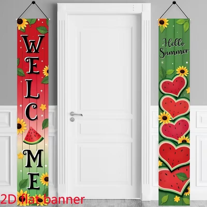 Welcome Hello Summer Porch Banners Set, Watermelon Sunflower Vertical Door Signs, Summer Farmhouse Garden Decor, Festival Decorations