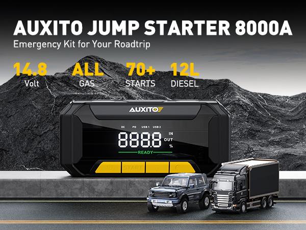 AUXITO 2025 Upgraded 8000A Portable Car Jump Starter,12V Battery Jumper Starter Portable Jump Box(All Gas,up to 10.0L Diesel Engine),Auto Battery Booster Pack with 3 Modes Flashlight, Power Bank with USB Quick Charge & Type C Port