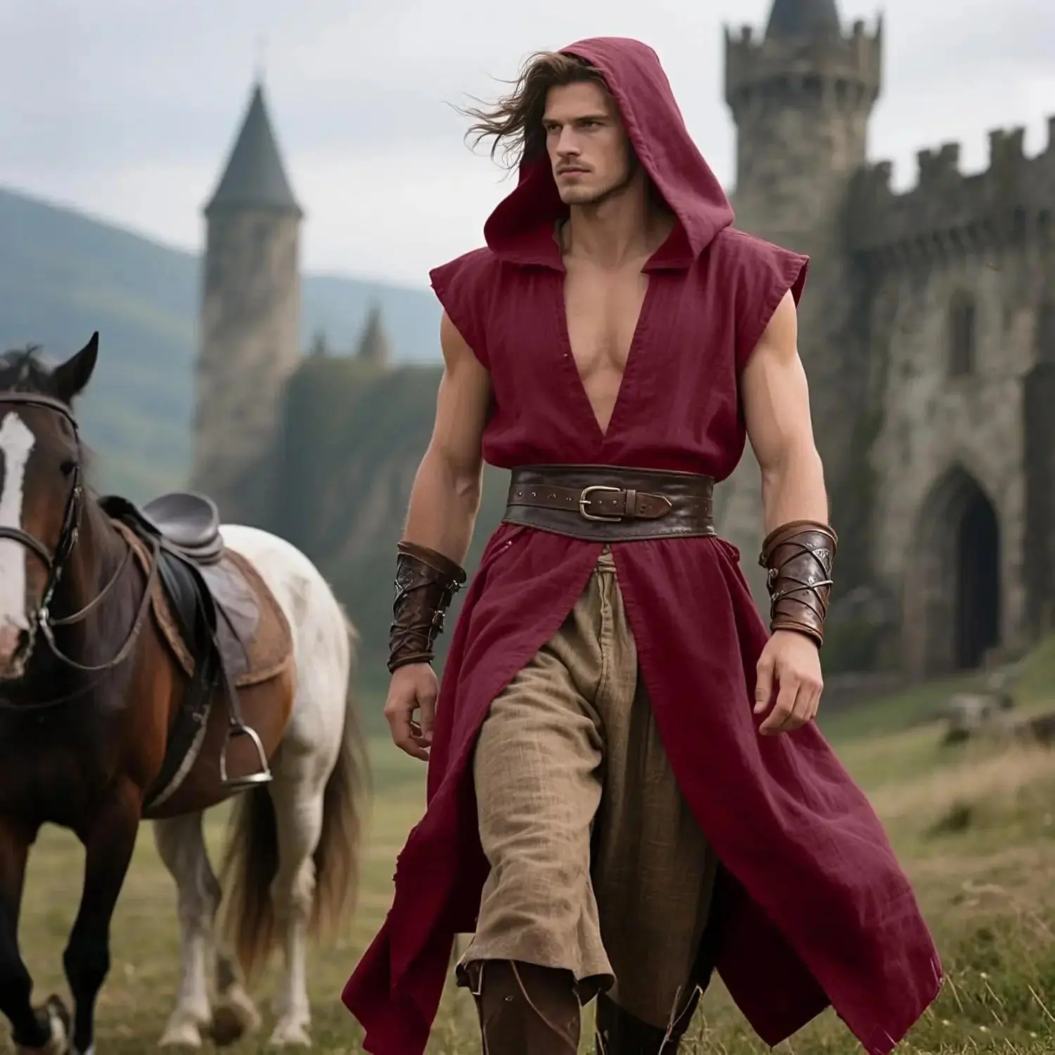 L'VOW Men's Medieval Hooded Surcoat Renaissance Tabard Sleeveless Tunic Cloak Viking Costume Holloween Assassin Cosplay
