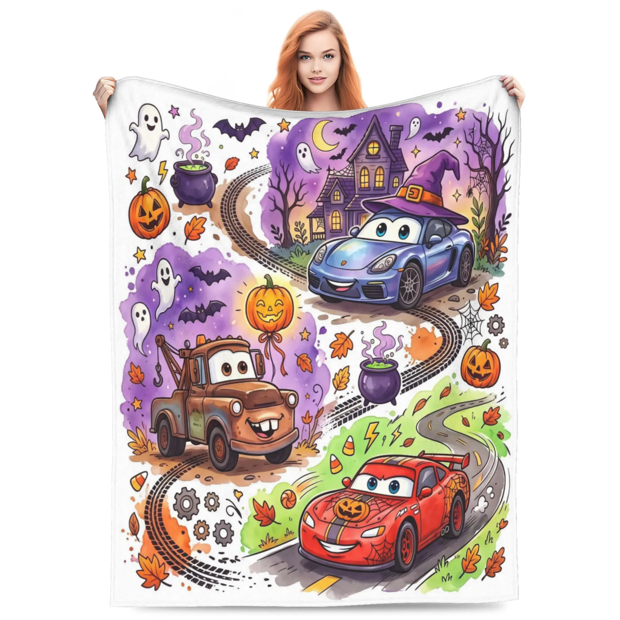 Disney Classic Cars Halloween Flannel Throw Blanket, Lightning McQueen Mater Witch Hat Haunted House Pumpkin Ghost Bat Cauldron Fall Print Soft Cozy Blanket for Sofa Bed Holiday Kids Fans Gift