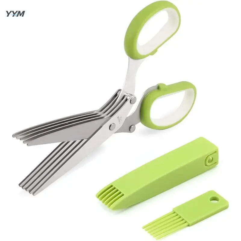 YYM Herb scissors, Kitchenware Multipurpose Cutting Shears with 5 Blade Steel Salad Scissors, Safety Cover and Cleaning Comb Chopping Cilantro Onion Basil Chive Parsley, Green