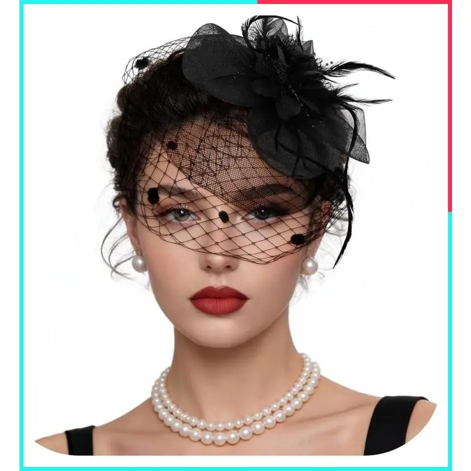 Women's Fascinator Hat with Floral Feathers and Mesh Lace Veil, Headband, Hair Clip for Tea Party, Wedding, Church, Cocktail