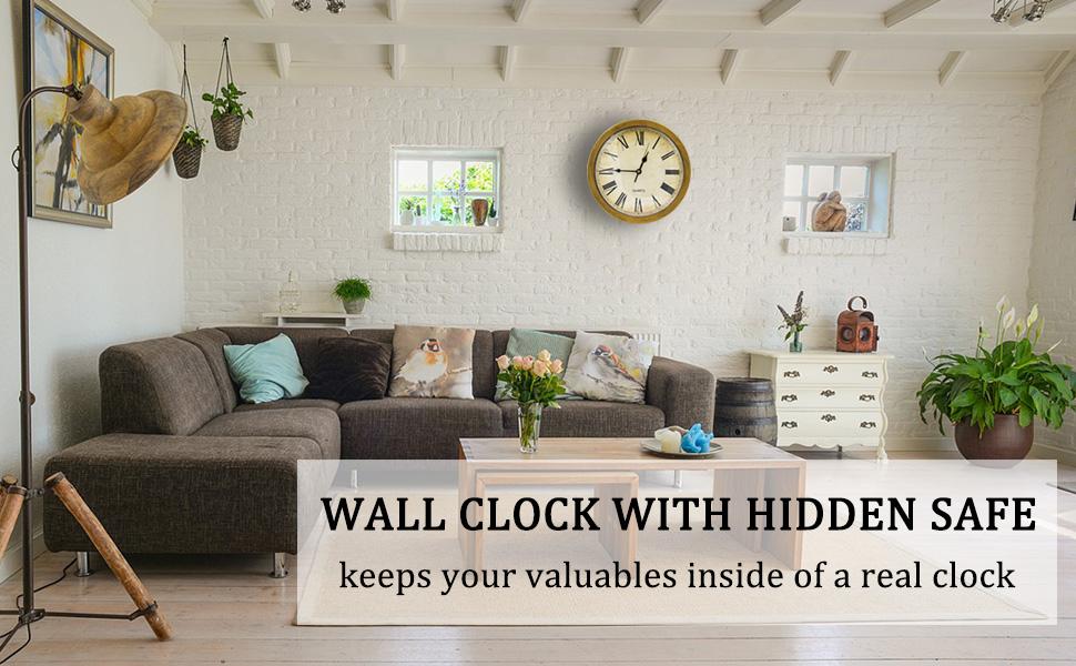 10-inch silent wall clock safe with a secret coin compartment.Multifunctional for storing cash, jewelry, and valuables.Suitable for homes, offices, living rooms, etc.Safe and reliable with a vintage decor.