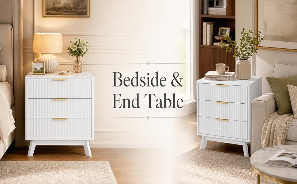 Modern 2-Piece Nightstand Set, 24" Wide Fluted Wood Bedside Tables with 3 Drawers Each, Bedroom Storage Chest